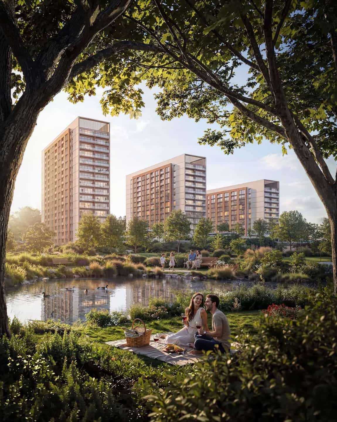 The Woods towers beside the lake